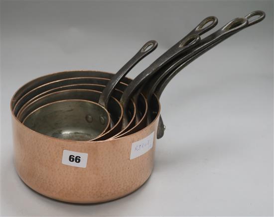 Five 19th century French copper saucepans